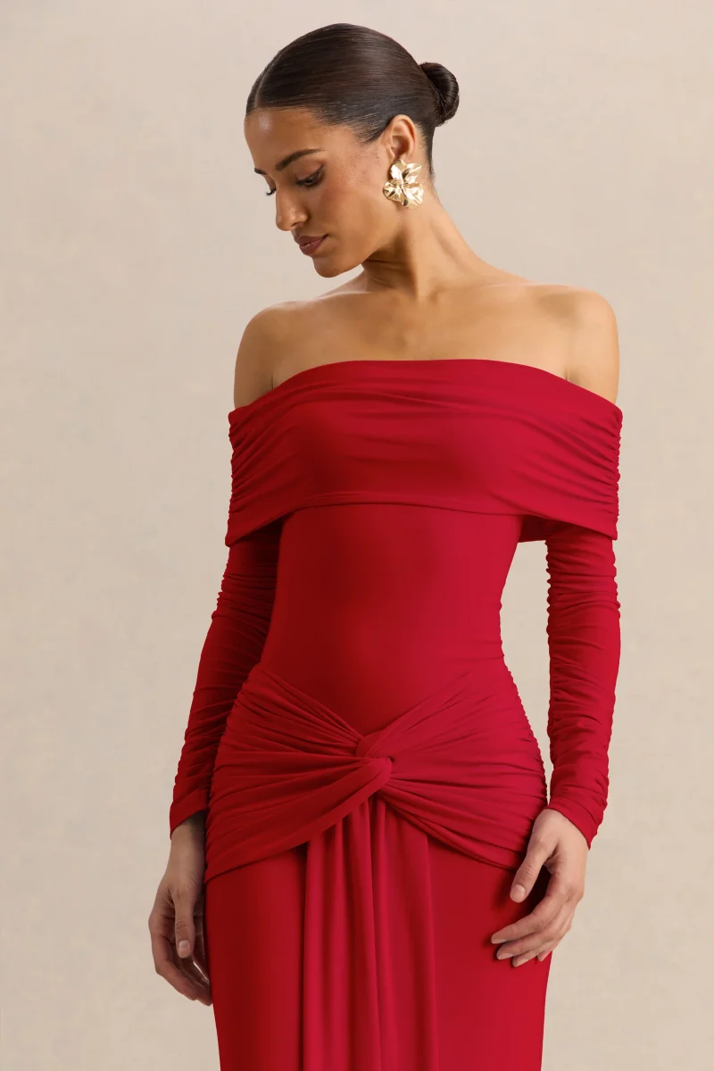 Helia | Body Tanga Rojo Con Escote Bardot Y Manga Larga Fruncida - Imagen 4