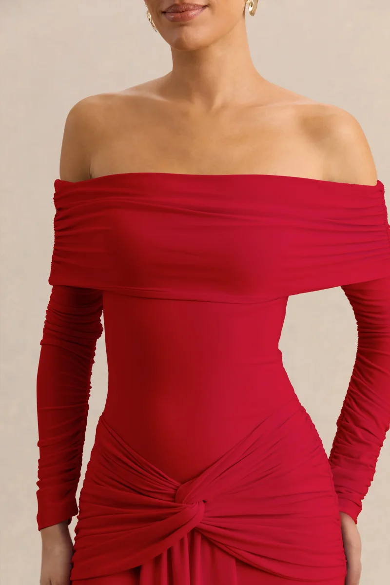 Helia | Body Tanga Rojo Con Escote Bardot Y Manga Larga Fruncida - Imagen 7