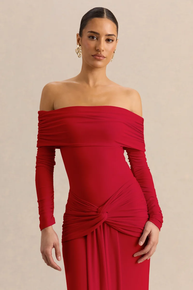 Helia | Body Tanga Rojo Con Escote Bardot Y Manga Larga Fruncida - Imagen 6