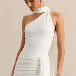 Jisella | Blanco Escote Asimétrico Body con Pañuelo