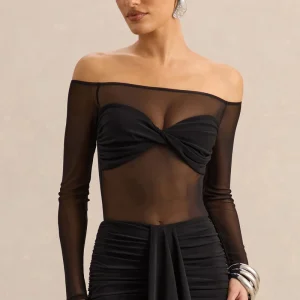 Maira | Body Negro de Malla con Escote Bardot