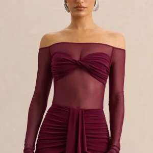 Maira | Body Burdeos de Malla con Escote Bardot