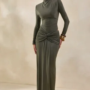 Theria | Falda Larga Caqui De Jersey Brillante Con Fruncido Y Detalle De Nudo