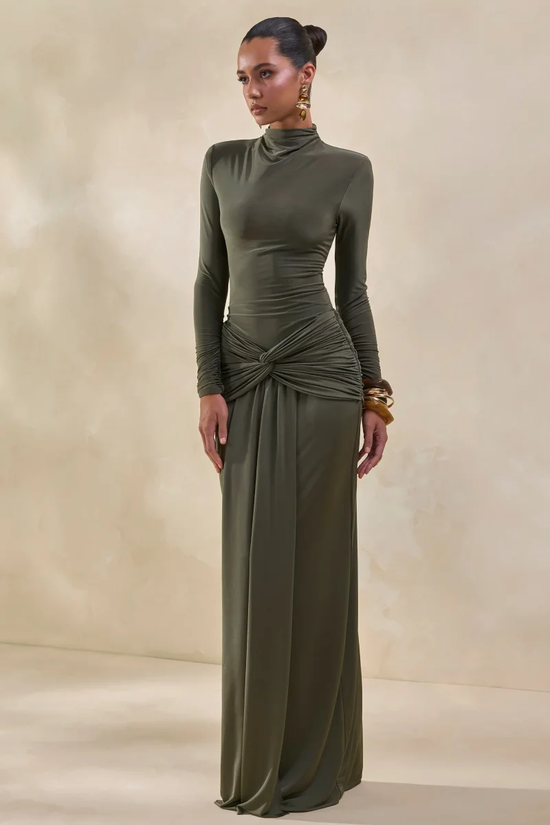 Theria | Falda Larga Caqui De Jersey Brillante Con Fruncido Y Detalle De Nudo - Imagen 6