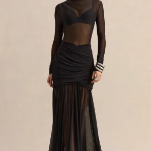 Kallie | Negro Cintura Trenzada Malla Falda Larga