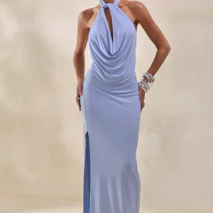 Arina | Falda Larga Azul Claro Con Abertura Frontal Alta