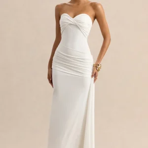 Liramine | Vestido Largo Blanco Bandeau con Detalle Drapeado y Fajín