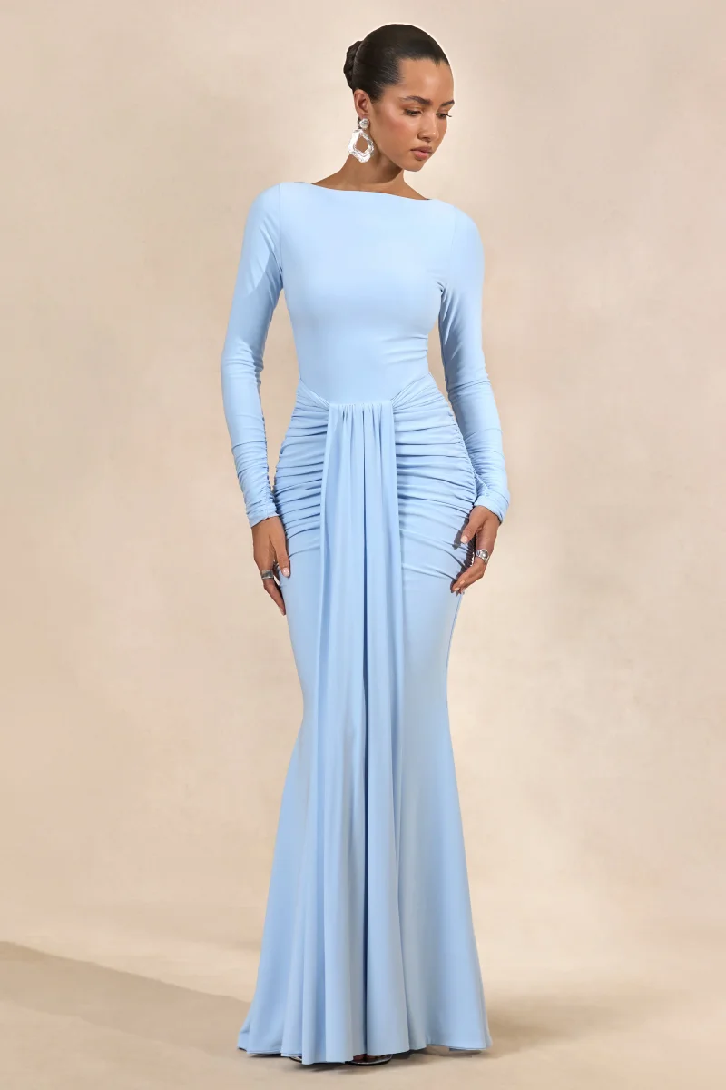 Liatris | Vestido Largo Azul Claro De Escote Amplio Con Detalle Fruncido