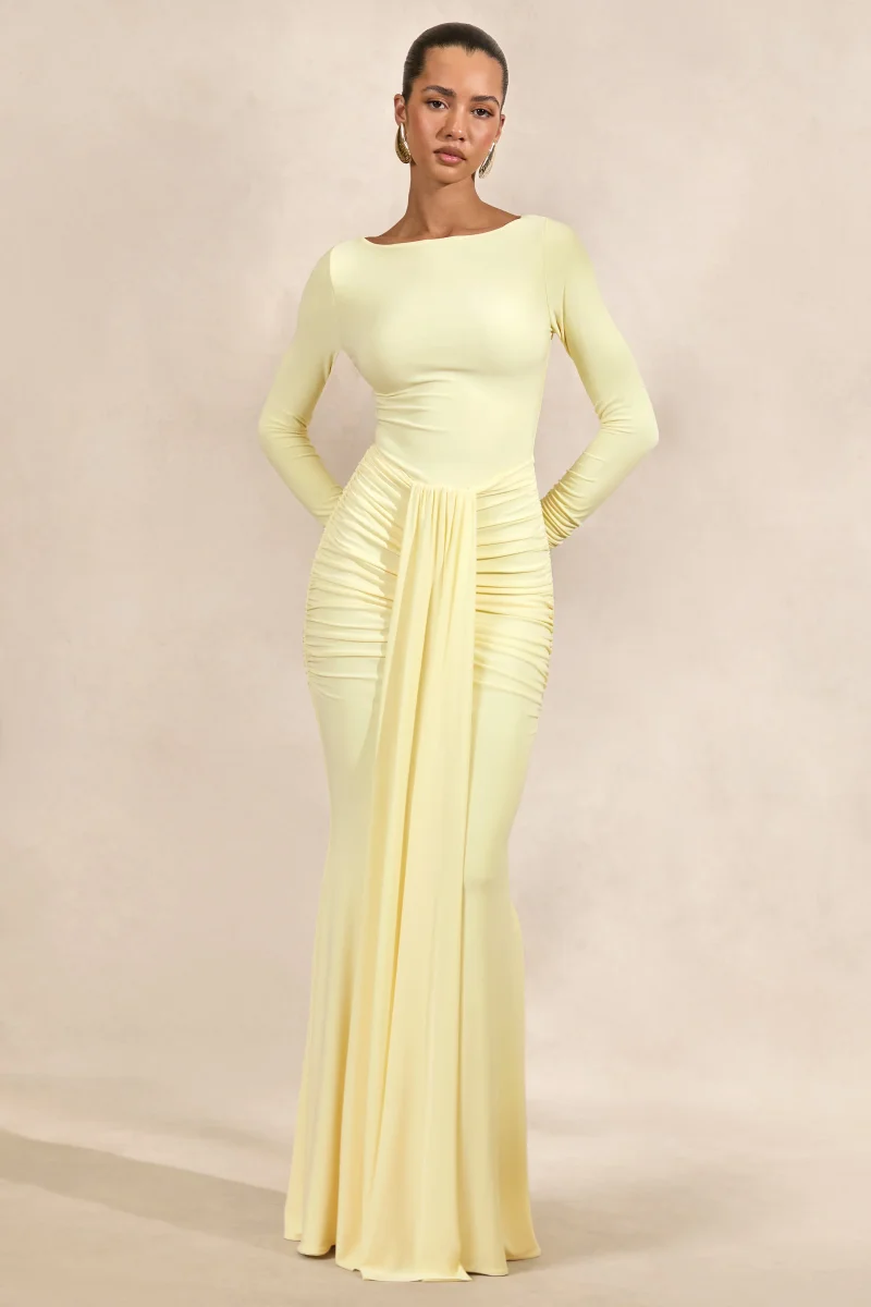 Liatris | Vestido Largo Amarillo Limón De Escote Amplio Con Detalle Fruncido - Imagen 5