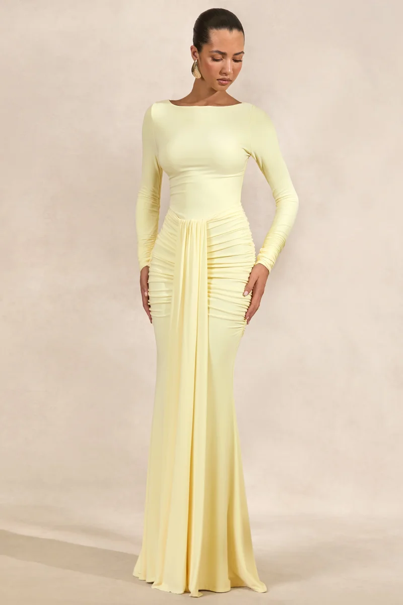 Liatris | Vestido Largo Amarillo Limón De Escote Amplio Con Detalle Fruncido - Imagen 2
