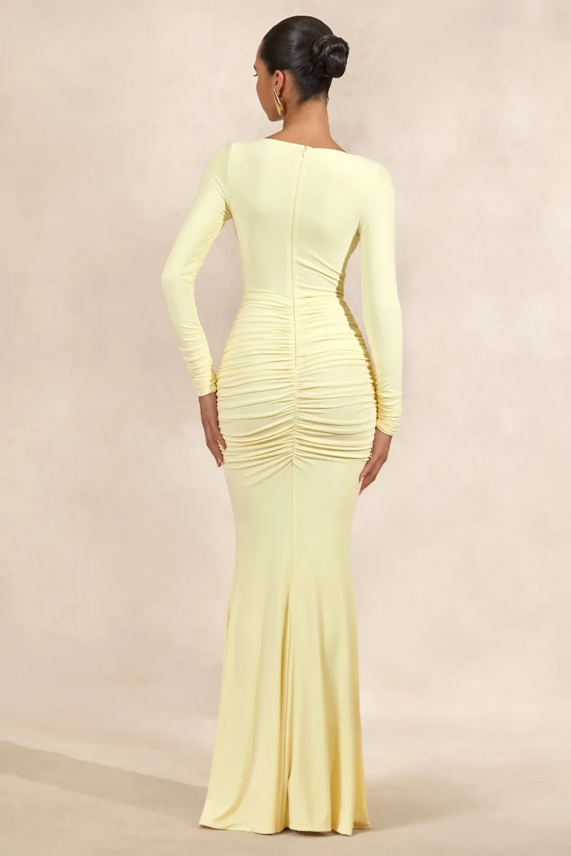 Liatris | Vestido Largo Amarillo Limón De Escote Amplio Con Detalle Fruncido - Imagen 3