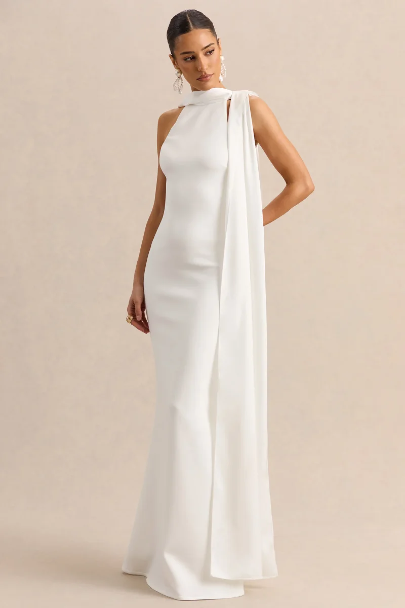 Vionette | Vestido Largo blanco de cuello alto con pañuelo - Imagen 5