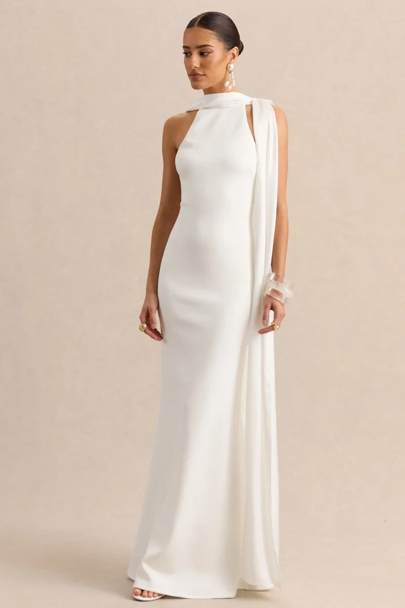 Vionette | Vestido Largo blanco de cuello alto con pañuelo - Imagen 7