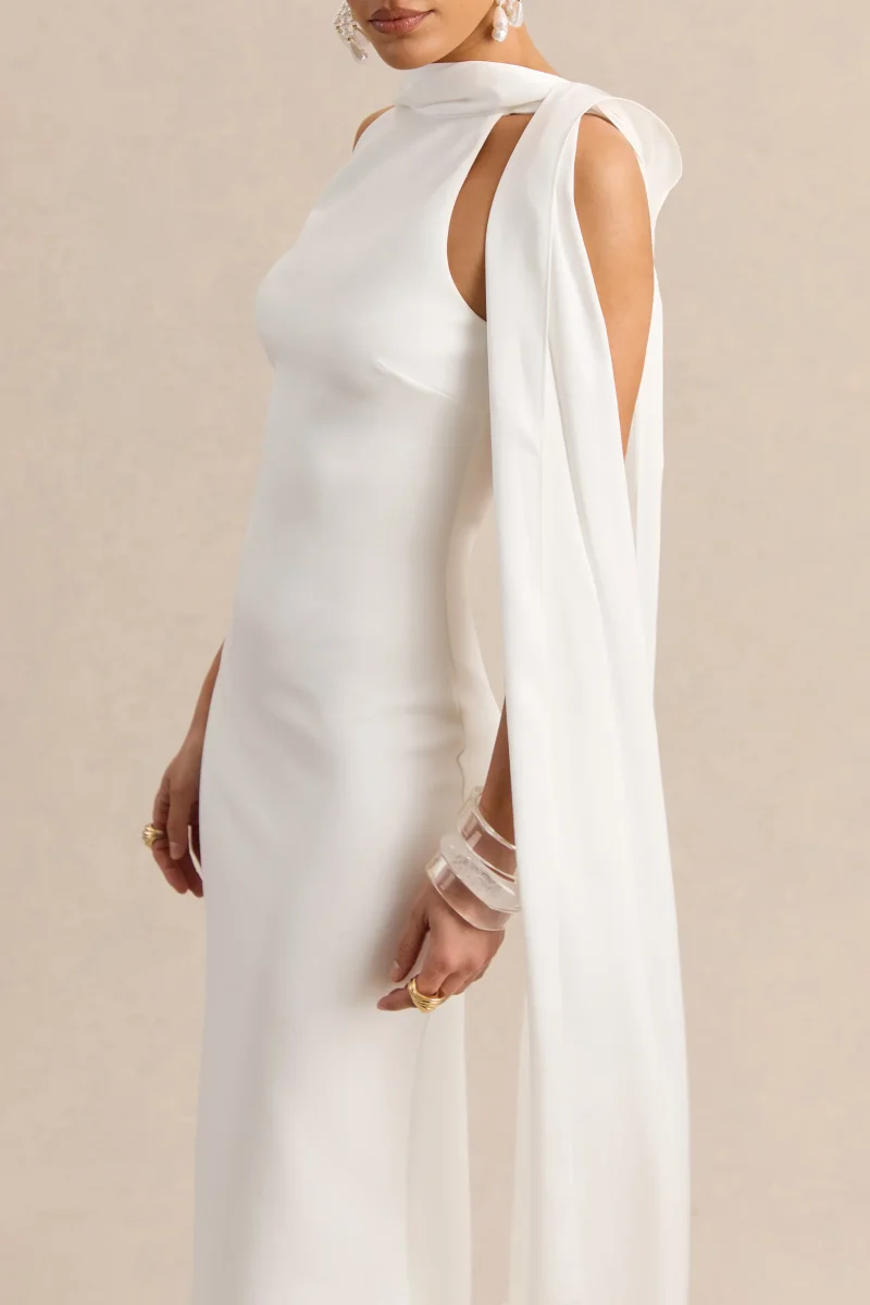 Vionette | Vestido Largo blanco de cuello alto con pañuelo - Imagen 4