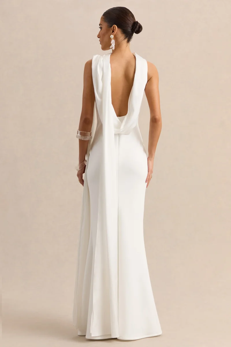 Vionette | Vestido Largo blanco de cuello alto con pañuelo - Imagen 3