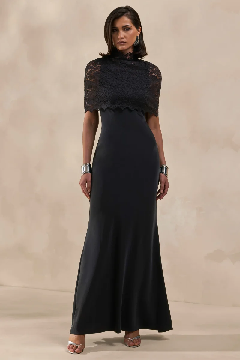 Rosevine | Vestido Largo Negro De Cuello Redondo Con Panel De Malla - Imagen 5