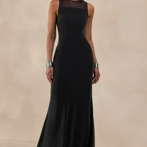 Rosevine | Vestido Largo Negro De Cuello Redondo Con Panel De Malla