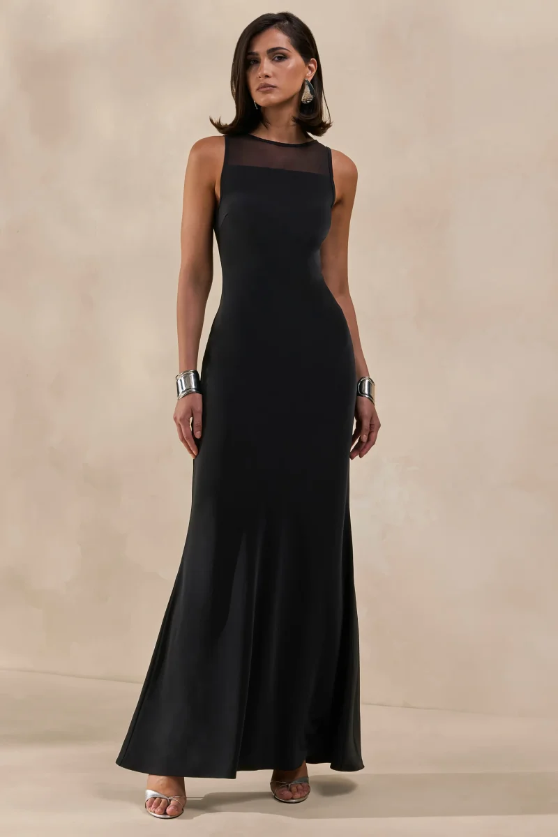 Rosevine | Vestido Largo Negro De Cuello Redondo Con Panel De Malla