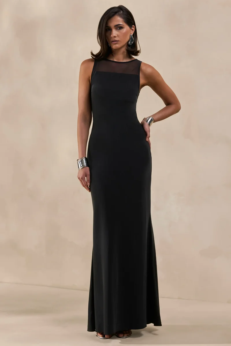 Rosevine | Vestido Largo Negro De Cuello Redondo Con Panel De Malla - Imagen 6