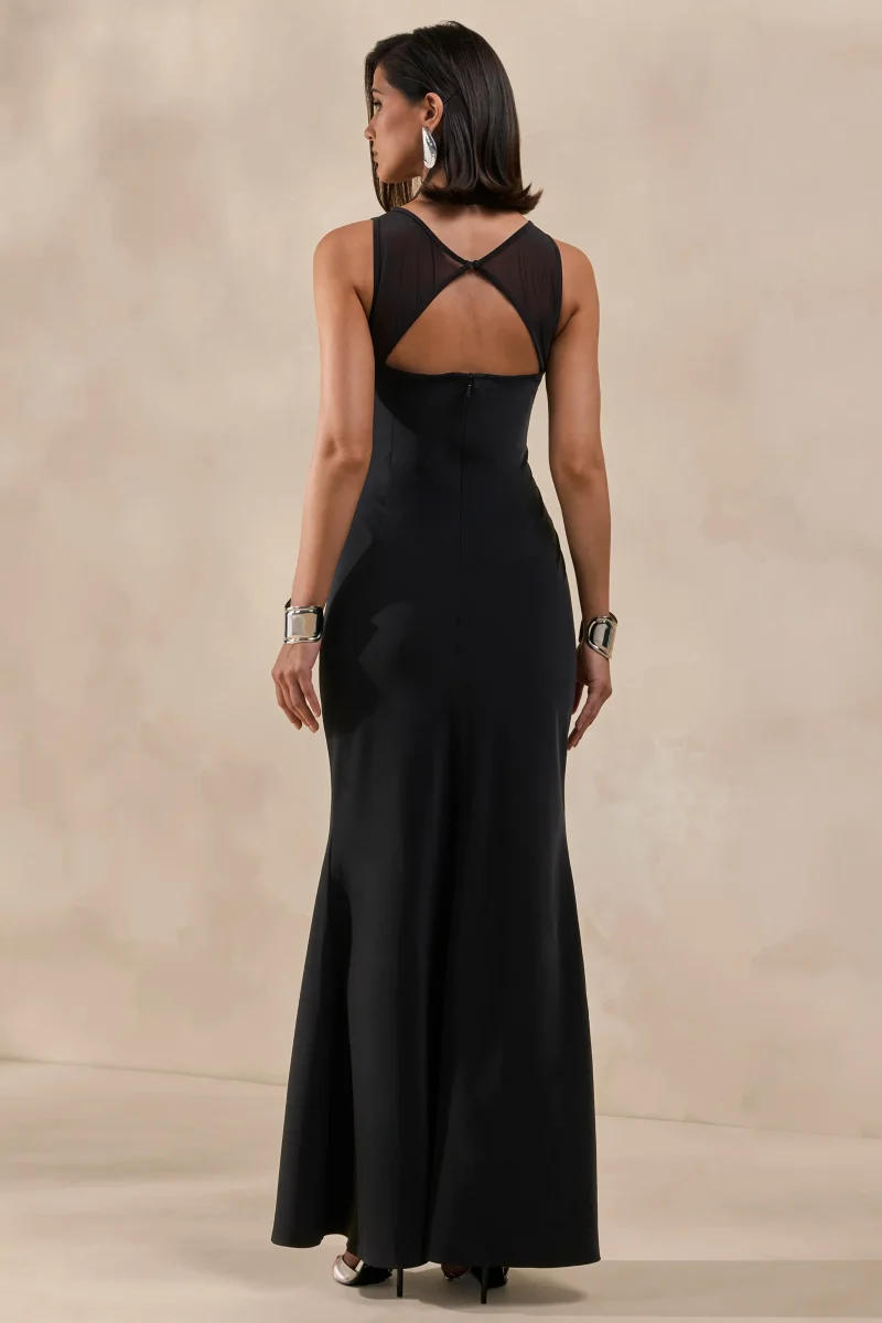 Rosevine | Vestido Largo Negro De Cuello Redondo Con Panel De Malla - Imagen 3