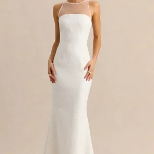 Rosevine | Vestido Largo Blanco De Encaje Con Cuello Redondo Y Panel De Malla