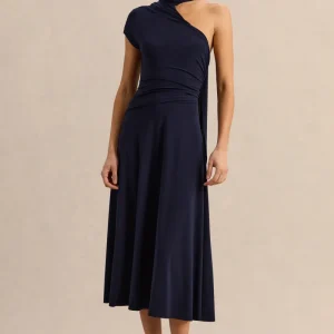 Lythara | Vestido Midi Azul Marino De Jersey Premium Con Escote Asimétrico Y Detalle Pañuelo