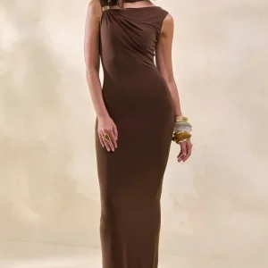 Cyrilla | Marrón Cuello Alto Vestido Midi con Detalle Dorado