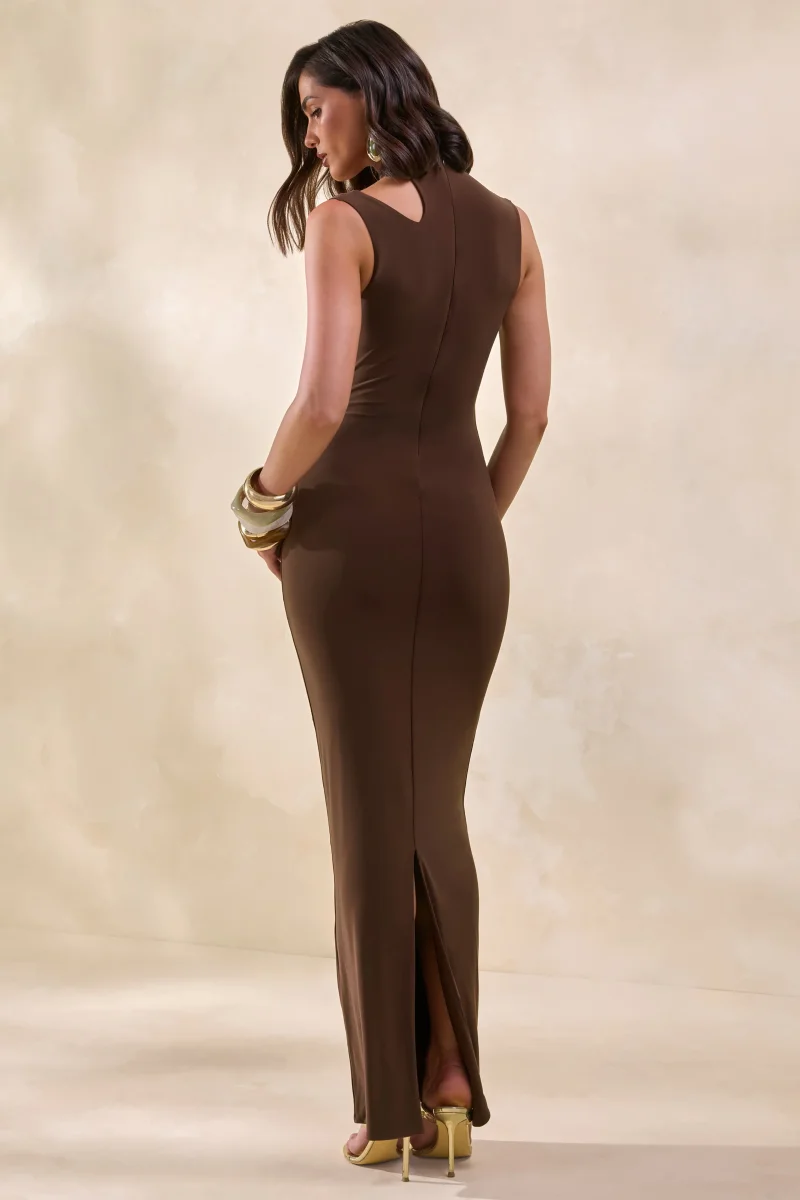 Cyrilla | Marrón Cuello Alto Vestido Midi con Detalle Dorado - Imagen 3