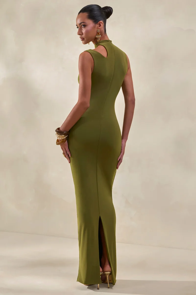 Cyrilla | Verde Cuello Alto Vestido Midi con Detalle Dorado - Imagen 3