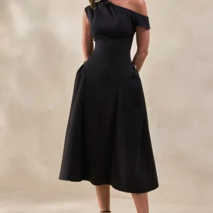 Celosia | Vestido Midi Negro Con Escote Asimétrico Y Detalle Dorado