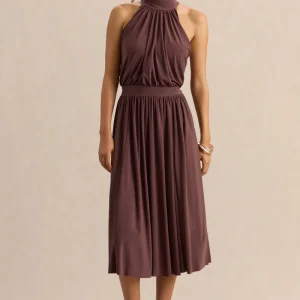 Hedira | Vestido Midi Marrón de Cuello Alto