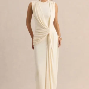 Blythia | Vestido Largo Crema de Cuello Redondo con Detalle Drapeado
