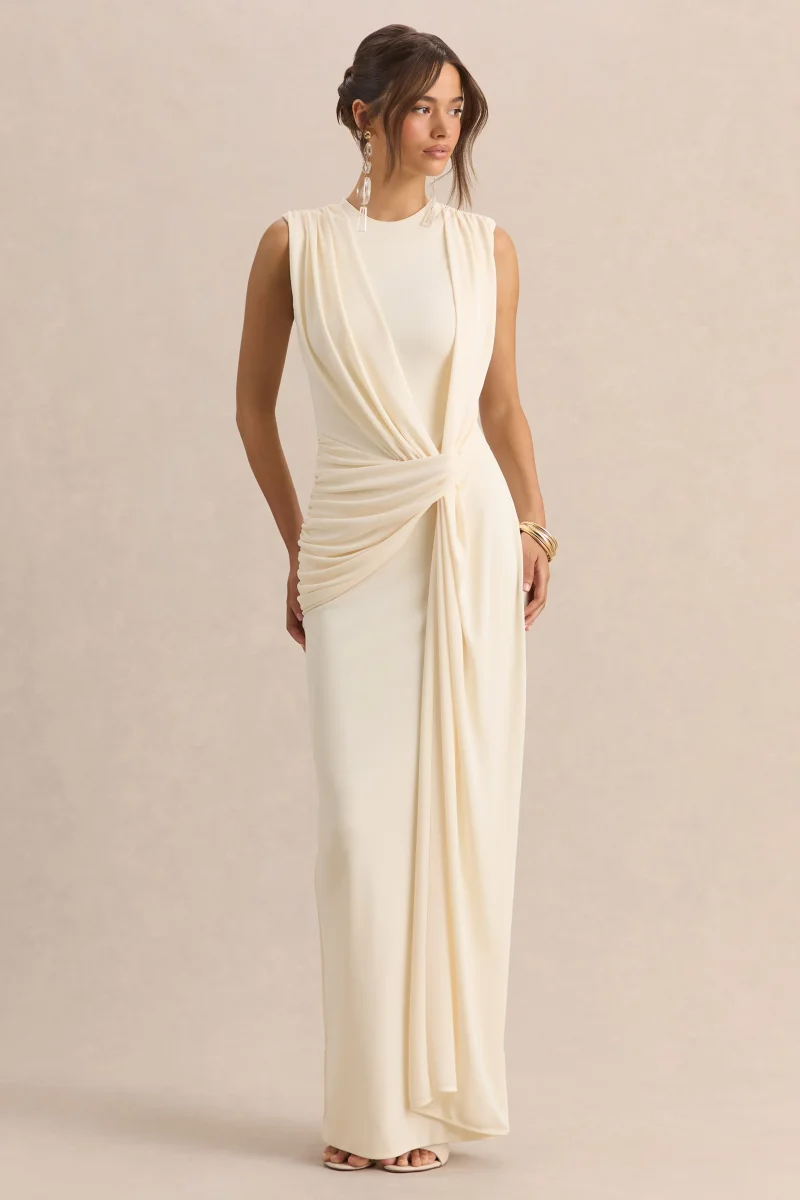 Blythia | Vestido Largo Crema de Cuello Redondo con Detalle Drapeado