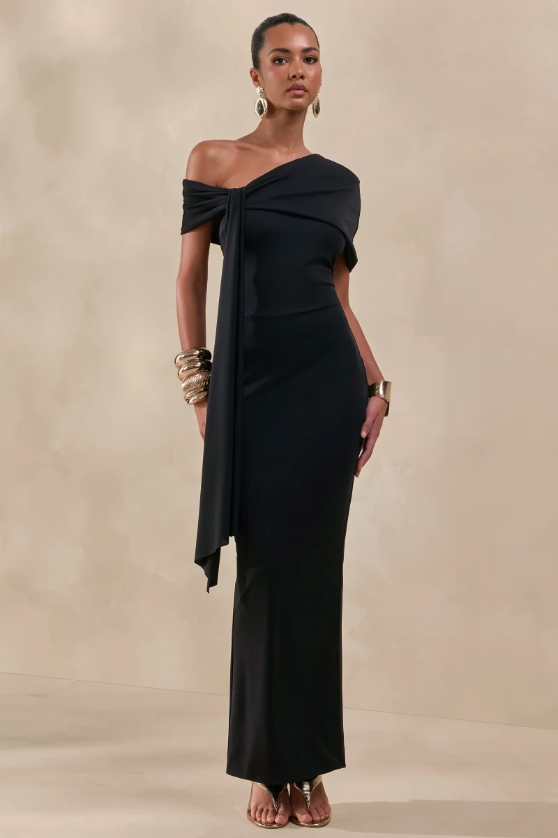 Esalina | Vestido Largo Negro De Cuello Asimétrico Con Faja - Imagen 4