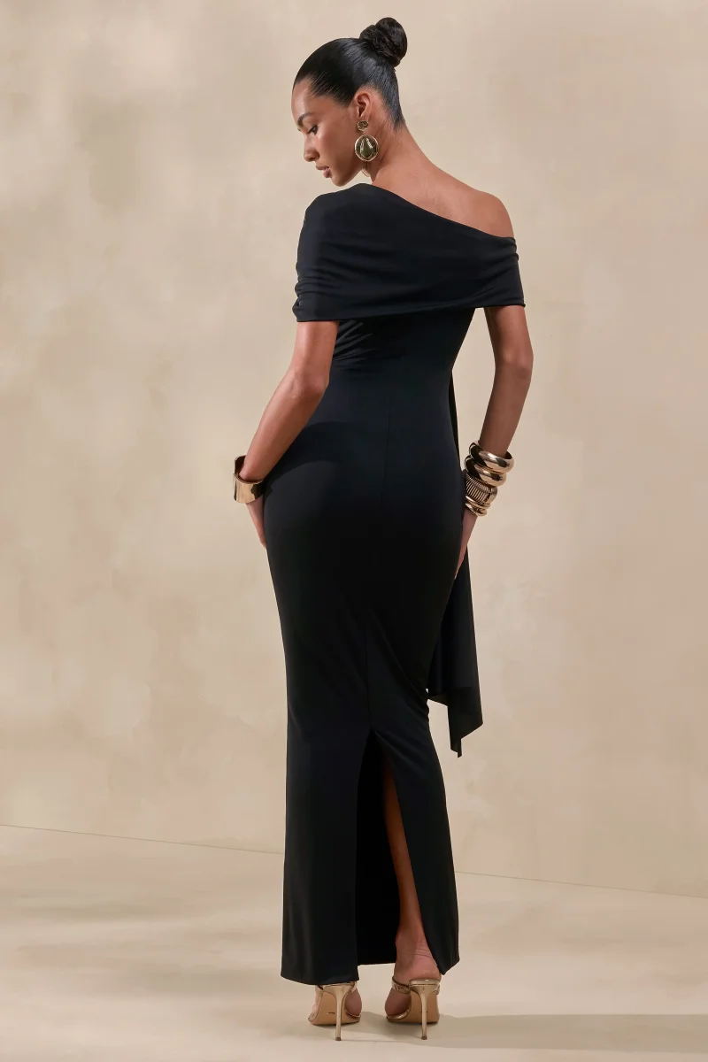 Esalina | Vestido Largo Negro De Cuello Asimétrico Con Faja - Imagen 3