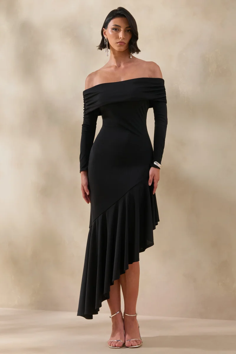 Goldara | Vestido Largo Negro de Escote Bardot con Bajo Asimétrico con Volantes - Imagen 2