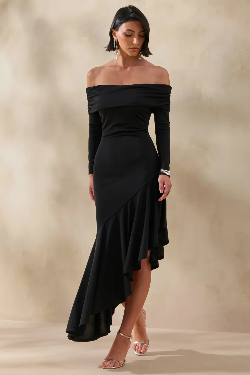 Goldara | Vestido Largo Negro de Escote Bardot con Bajo Asimétrico con Volantes - Imagen 5