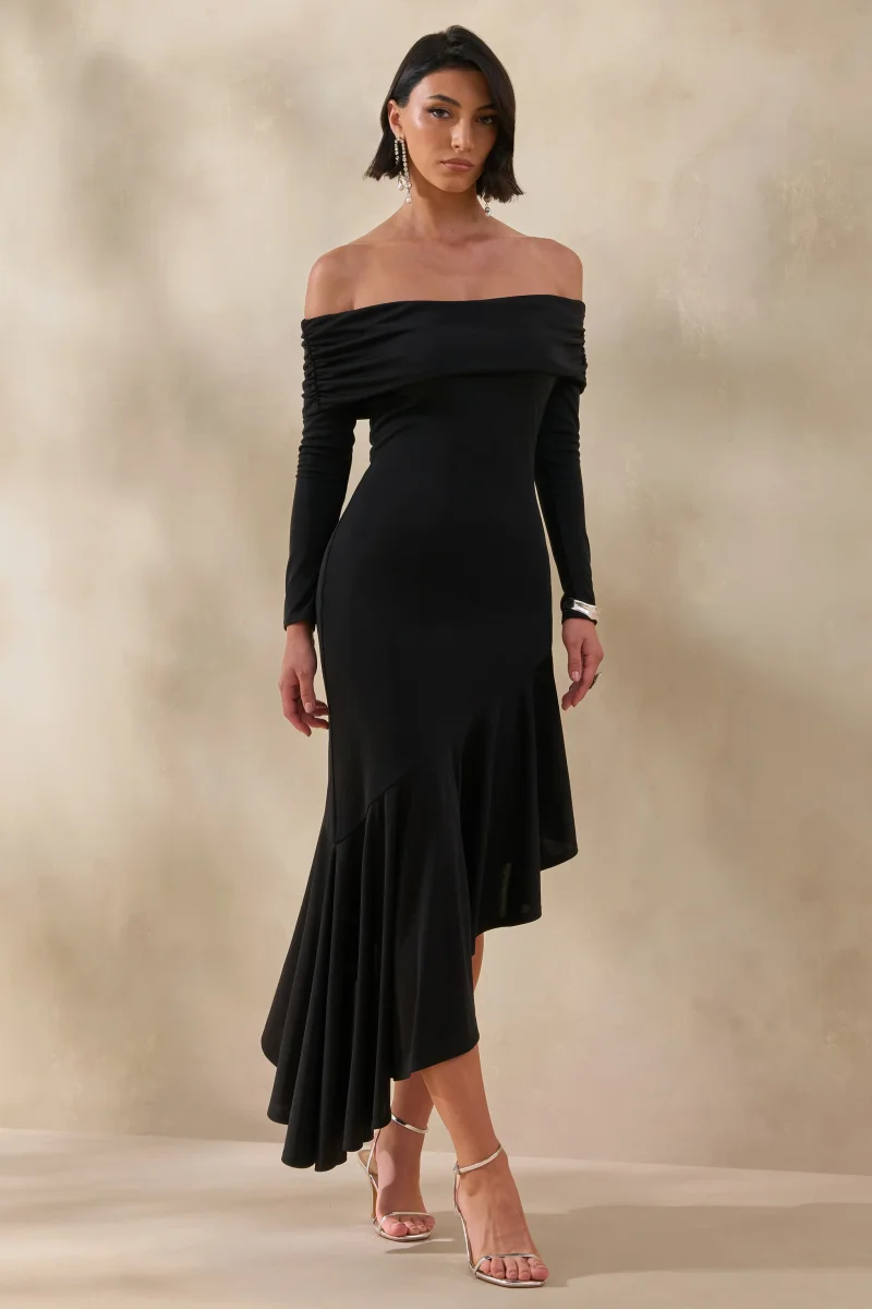 Goldara | Vestido Largo Negro de Escote Bardot con Bajo Asimétrico con Volantes - Imagen 6