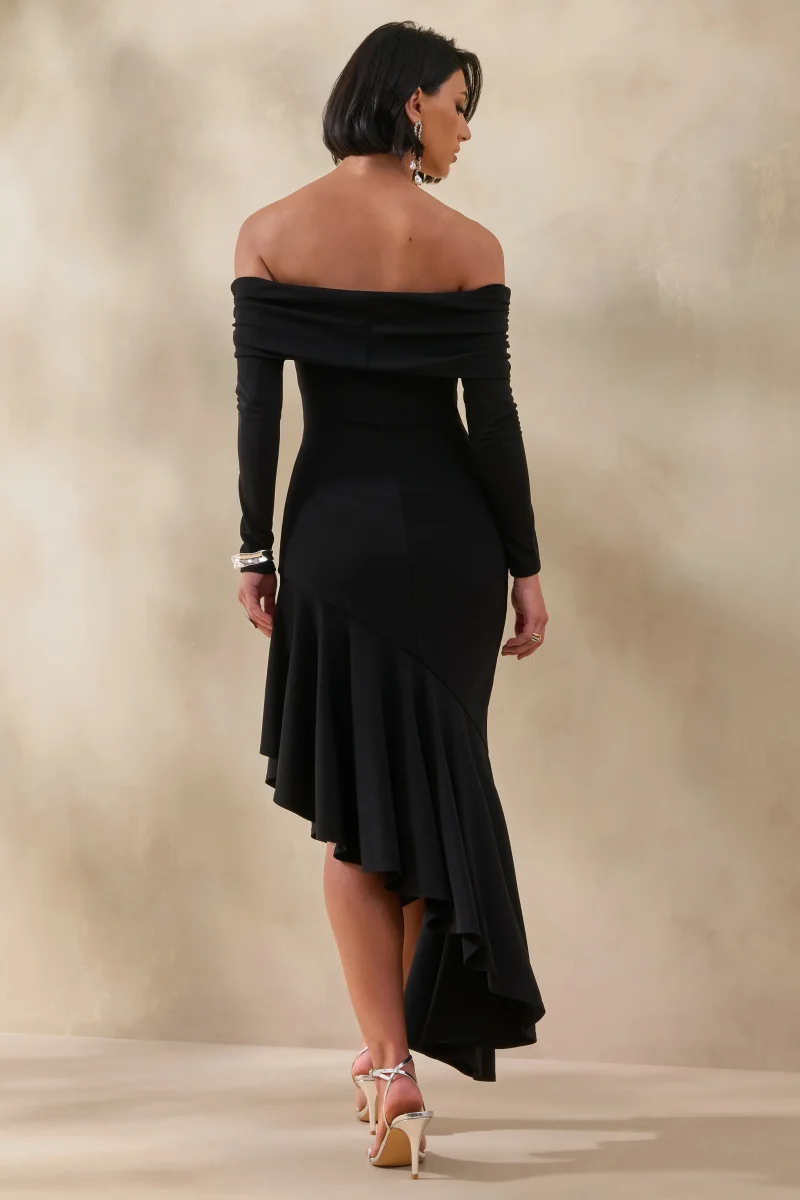 Goldara | Vestido Largo Negro de Escote Bardot con Bajo Asimétrico con Volantes - Imagen 3