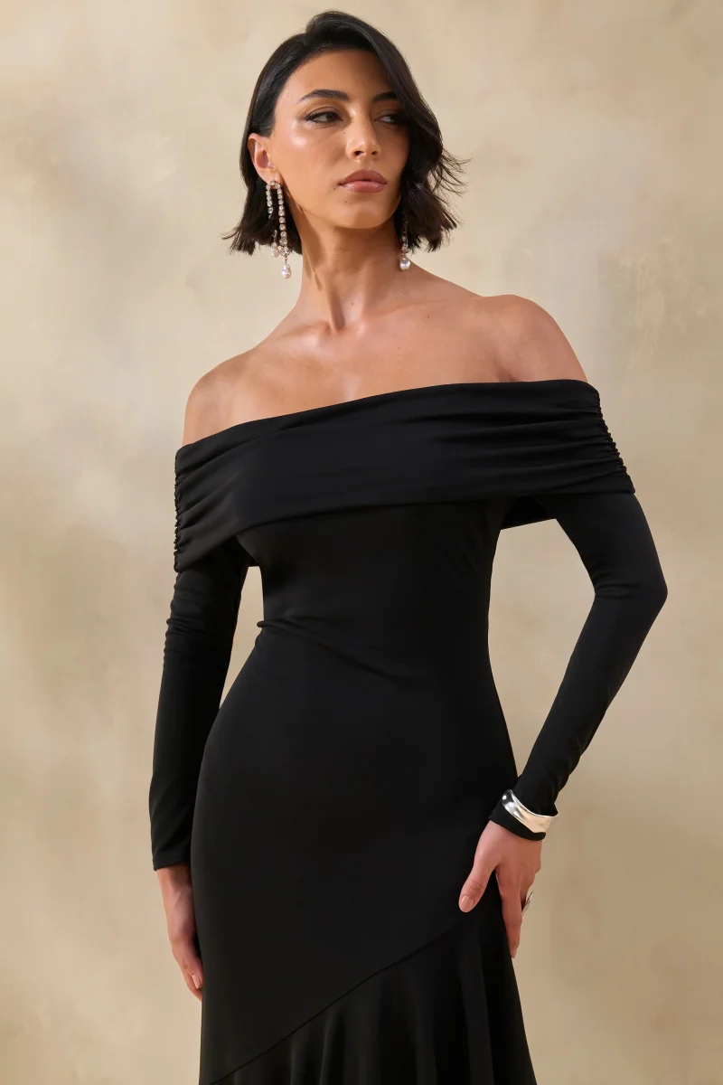 Goldara | Vestido Largo Negro de Escote Bardot con Bajo Asimétrico con Volantes - Imagen 4