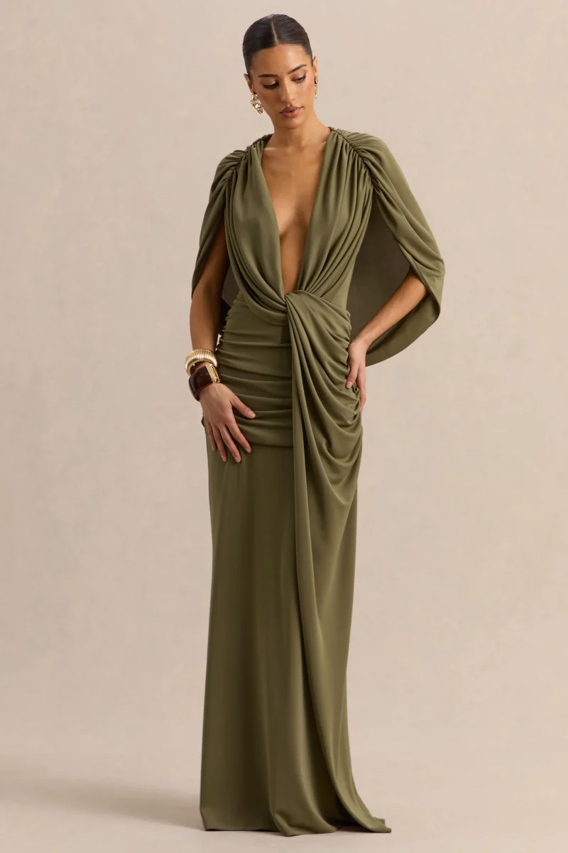 Marisea | Vestido Largo Verde de Escote Pronunciado con Mangas Capa - Imagen 5