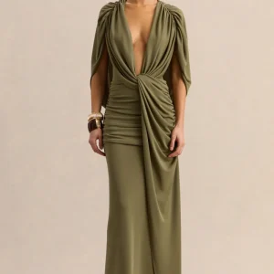 Marisea | Vestido Largo Verde de Escote Pronunciado con Mangas Capa