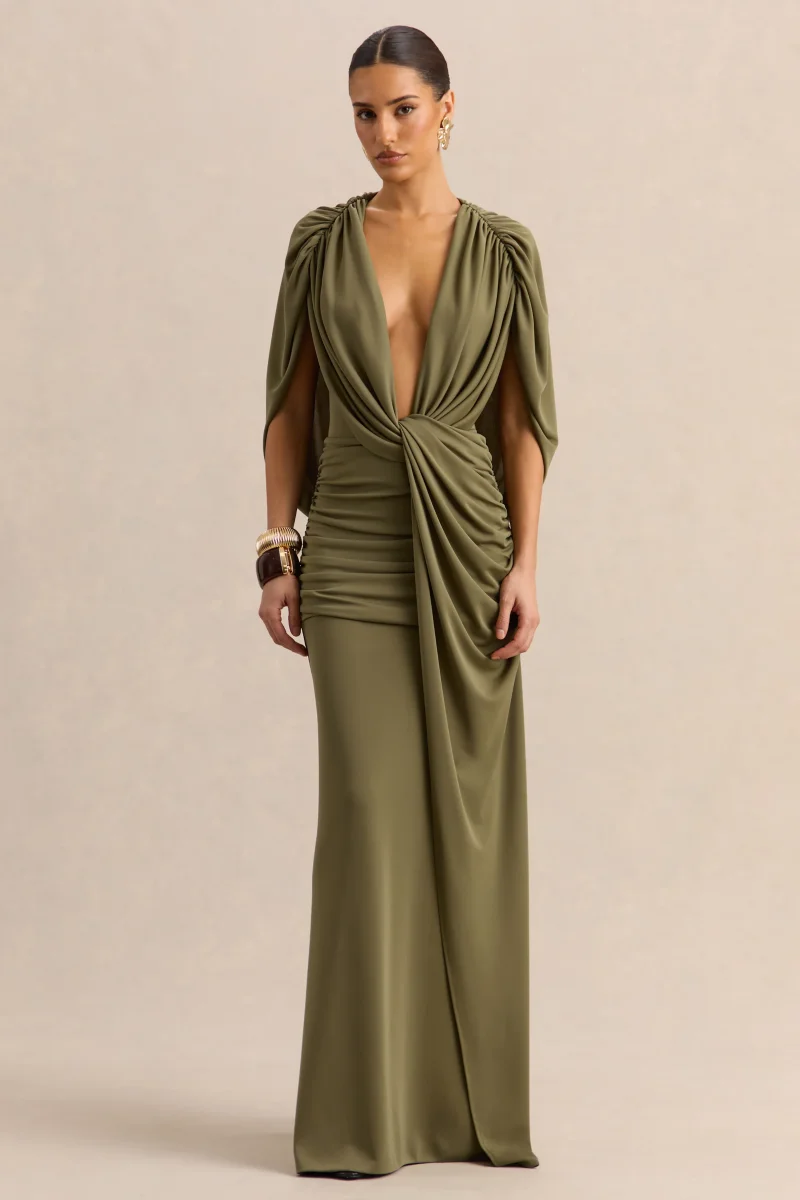 Marisea | Vestido Largo Verde de Escote Pronunciado con Mangas Capa