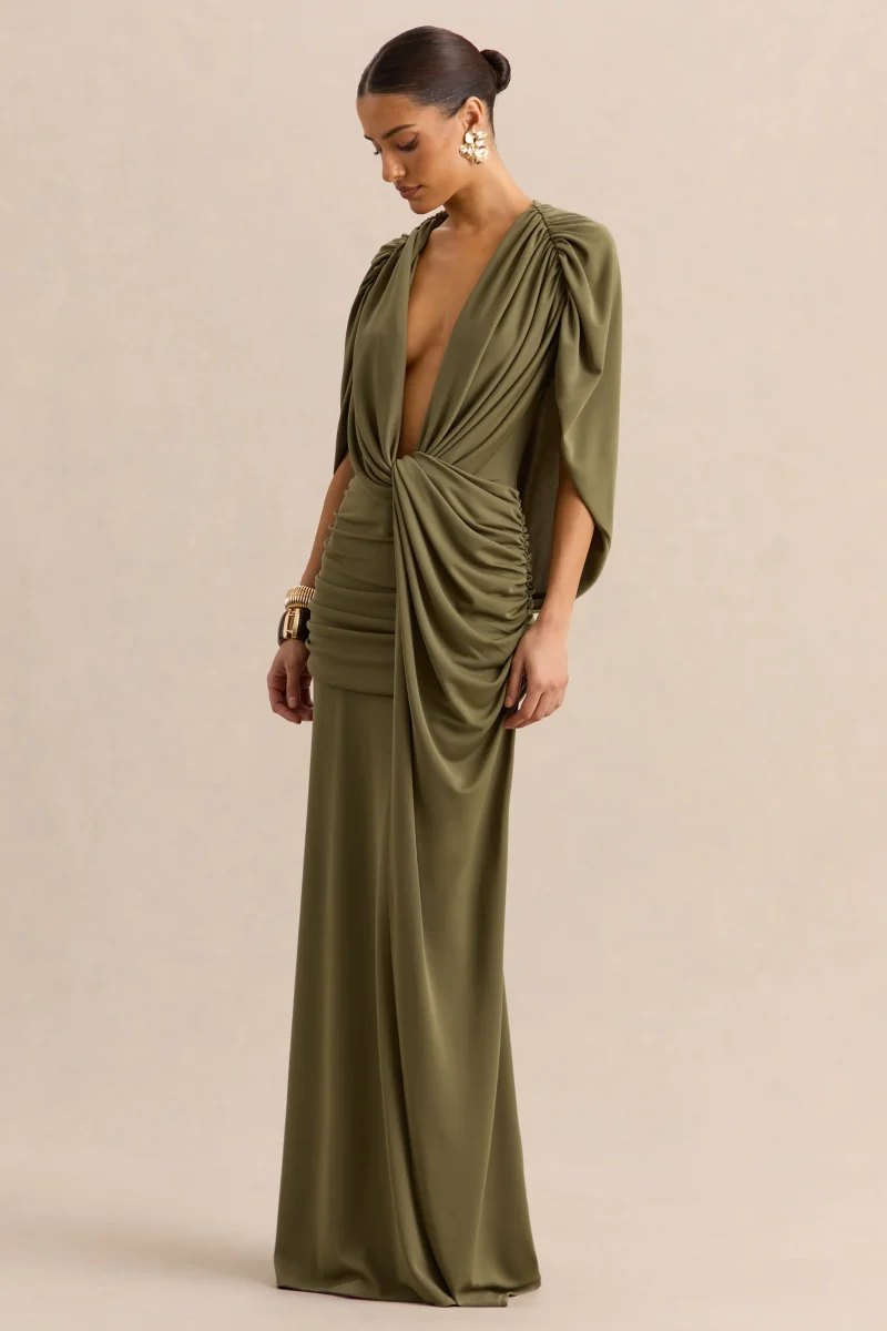 Marisea | Vestido Largo Verde de Escote Pronunciado con Mangas Capa - Imagen 6