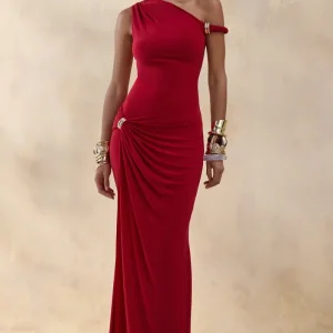 Caelia | Vestido Largo Rojo De Jersey Elástico Premium Con Escote Asimétrico Y Detalle Dorado