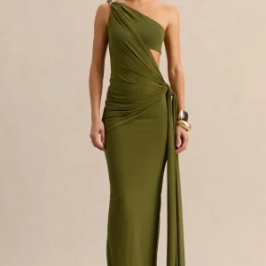 Clarosia | Verde Escote Asimétrico Vestido Largo con Abertura y Fajín