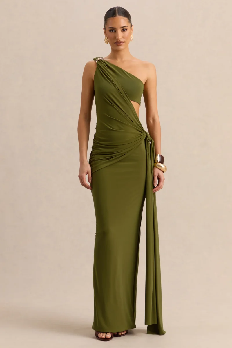 Clarosia | Verde Escote Asimétrico Vestido Largo con Abertura y Fajín