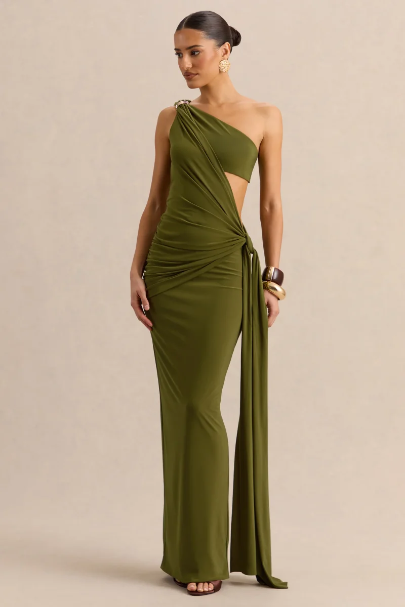 Clarosia | Verde Escote Asimétrico Vestido Largo con Abertura y Fajín - Imagen 8