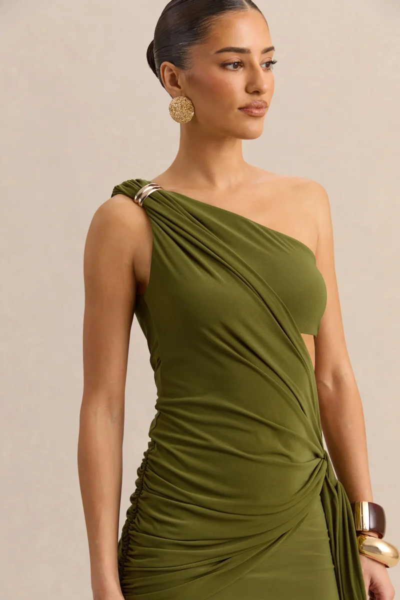 Clarosia | Verde Escote Asimétrico Vestido Largo con Abertura y Fajín - Imagen 6