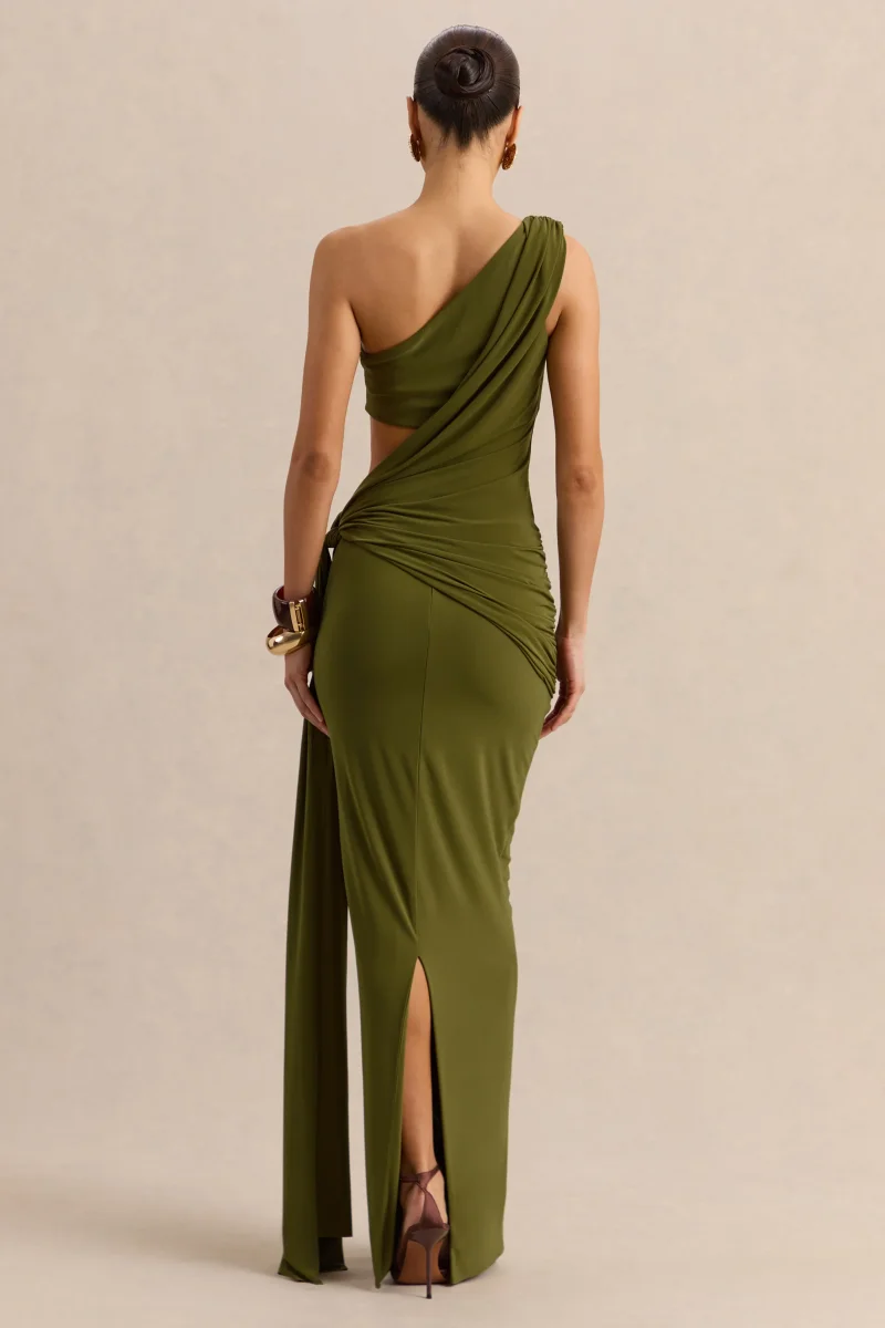 Clarosia | Verde Escote Asimétrico Vestido Largo con Abertura y Fajín - Imagen 3